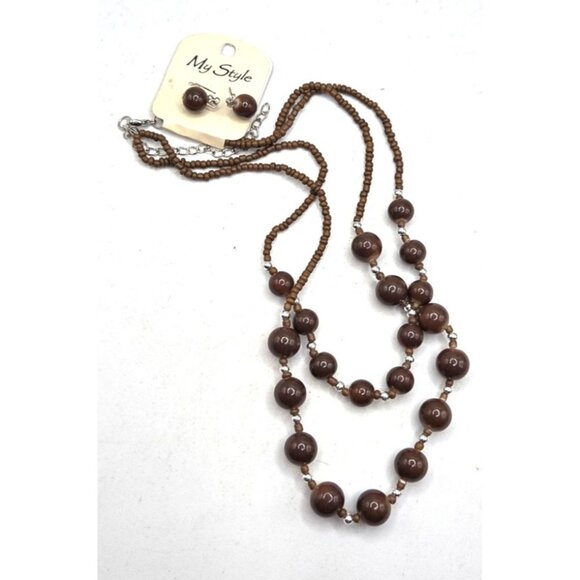 Glass Brown Beaded Double-Strand Necklace & Matching Earrings Set By My Style - Picture 1 of 3